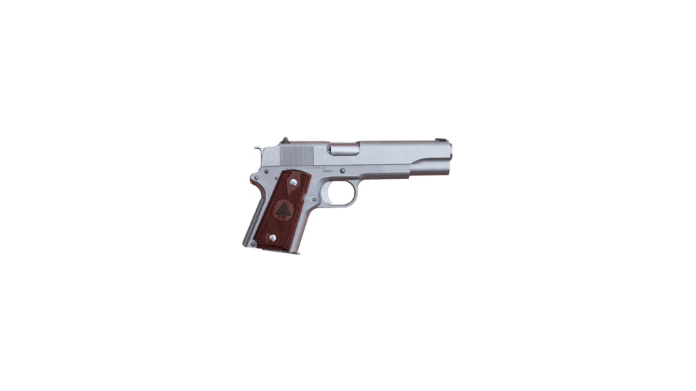 Detonics StreetMaster Pistol, .45 ACP, 5in barrel, stainless steel frame, checkered rosewood w/logo grip, recoil operated semi-automatic, low profile fixed combat 3-Dot, 6 round magazine, DS-45-5-1-FRRMPG