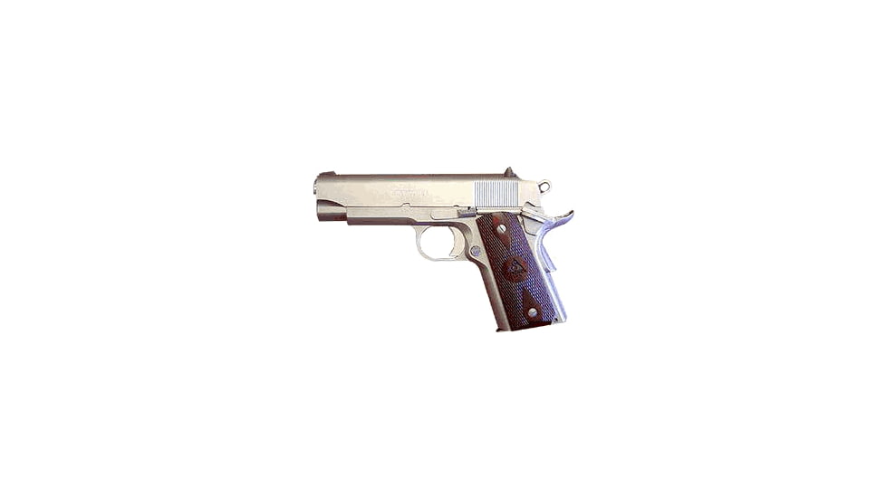 Detonics ServiceMaster-Compact Pistol, .45 ACP, 4.25in barrel, stainless steel frame, checkered rosewood w/logo grip, recoil operated semi-automatic, low profile fixed combat 3-Dot, 6 round magazine, DTS CT-45-4.25-1-FRRMPG