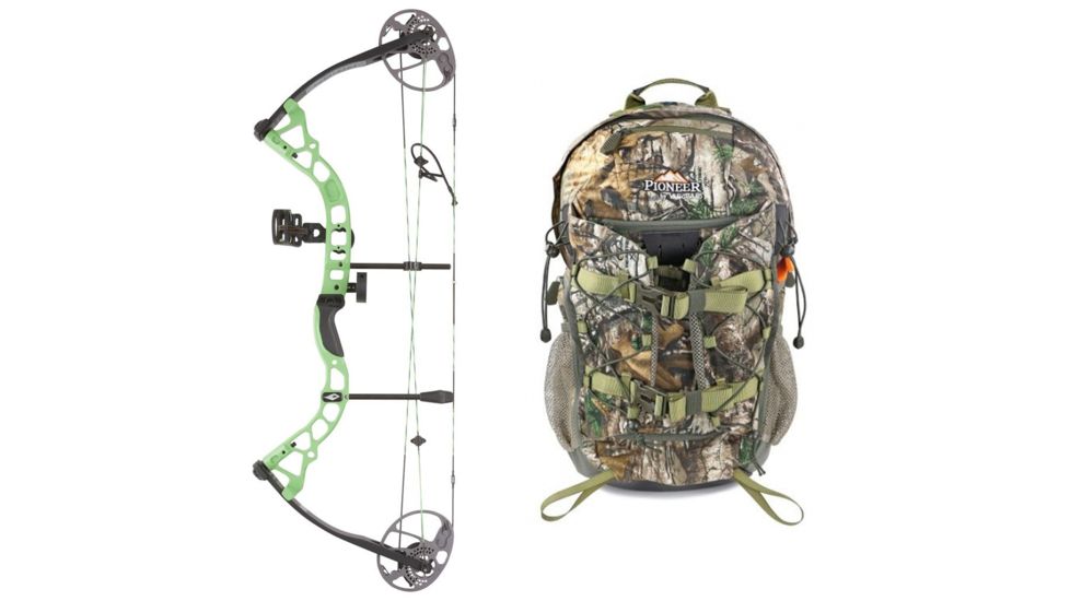 Diamond Prism Bow Package, Green 18-30 in. 5-55 lbs. LH, A12703 W/ Vanguard L Hunting Backpack-Realtree Camo
