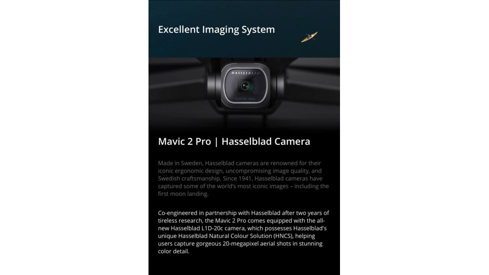 DJI Innovations Mavic 2 Pro Drone w/ Hasselblad L1D-20c Camera and 20 MP 1in CMOS Sensor, Adjustable Aperture f/2.8 - f/11, 10-bit Dlog-M, 10-bit HDR Video, CP.MA.00000019.01