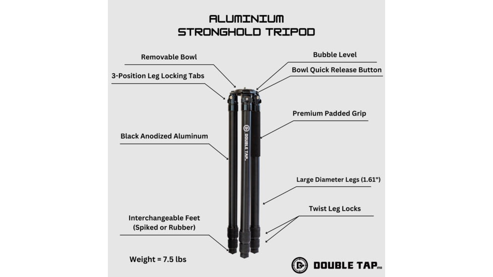 Double Tap Industries Stronghold Aluminum Shooting Tripod w/Ball Head, Black, TRI-A-002BH