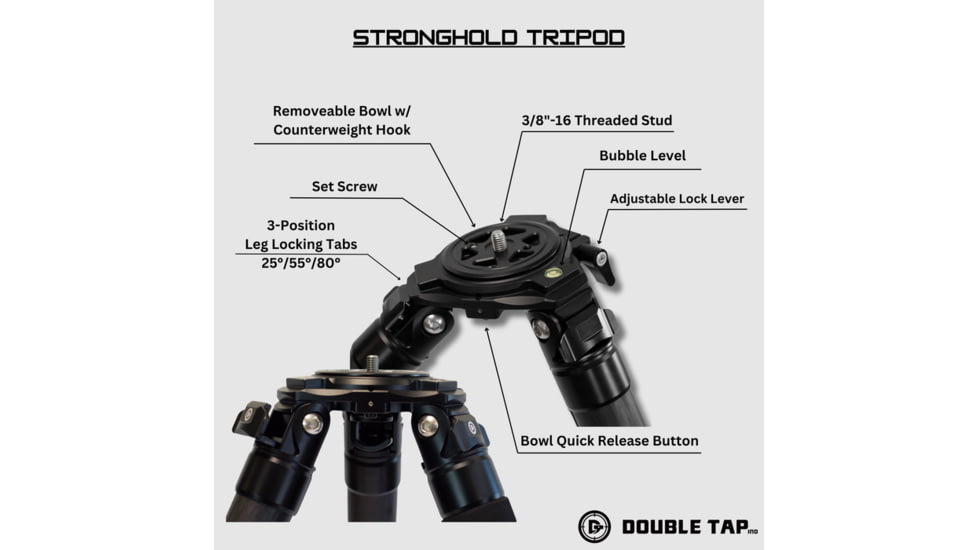 Double Tap Industries Stronghold Aluminum Shooting Tripod w/Ball Head, Black, TRI-A-002BH