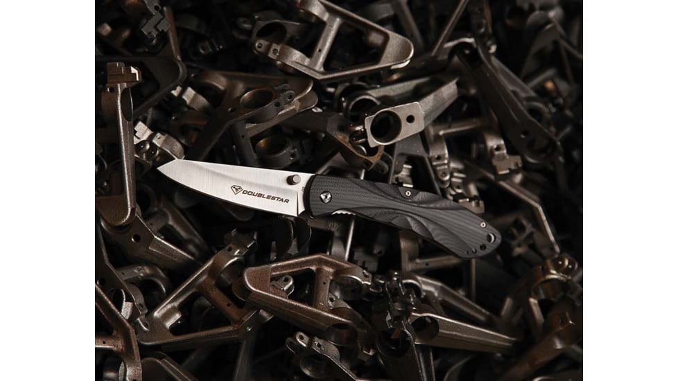 DoubleStar Folding Knife, D2 Tool Steel, 8 inches, Brimstone, Satin Blade Black Handle, DSKI100-BLKSA