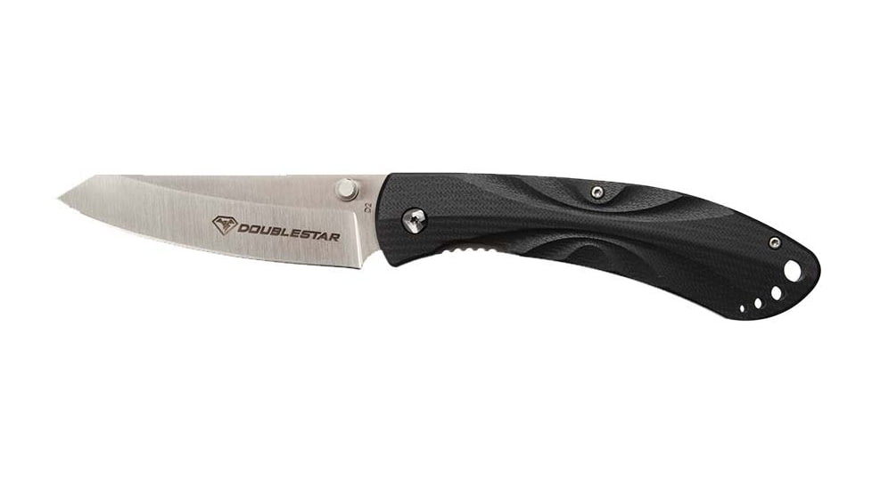 DoubleStar Folding Knife, D2 Tool Steel, 8 inches, Brimstone, Satin Blade Black Handle, DSKI100-BLKSA