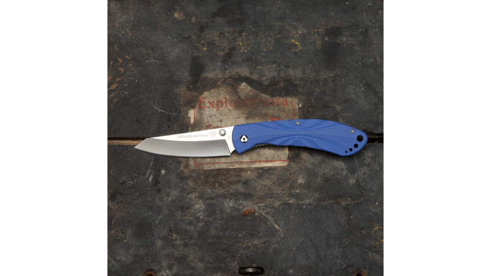 DoubleStar Folding Knife, D2 Tool Steel, 8 inches, Brimstone, Satin Blade Blue Handle, DSKI100-BLSA