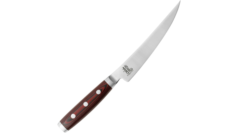 Dragon by Apogee Fillet Knife 6in Fixed Blade Knife, 10.5in Overall, 6in Satin Cts-Bd1 SS Blade, SS Bolster, Fda Approved Red Resin And Linen Canvas Micarta Handle, DRGF-FILE-0600
