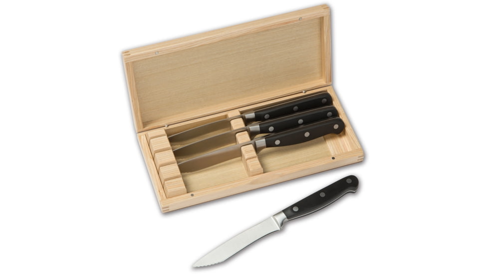 Dragon by Apogee Recurve Steak Knife Set Kitchen Knives, 9.25in Overall, 5.5in Satin Partially Serrated SS Blade, Black Polypropylene Handle, SS Guard, Set Of Four, ACES-KSET-0401