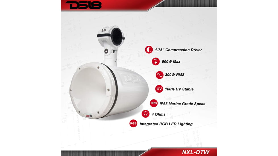 DS18 HYDRO 1.75in Driver Wakeboard Pod Tower Speaker w/RGB LED Lights - 900W - Single, White, NXL-DTW