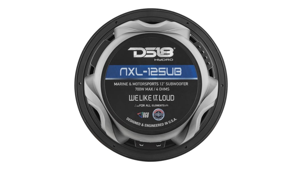 DS18 HYDRO 12in Subwoofer w/RGB Lights - 700W, Single, Matte Black, NXL-12SUB/BK