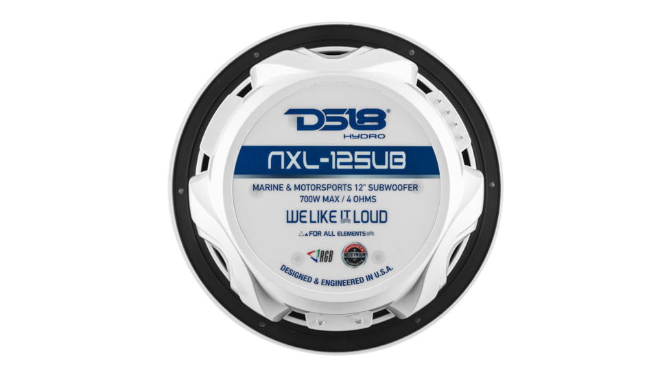 DS18 HYDRO 12in Subwoofer w/RGB Lights - 700W, Single, White, NXL-12SUB/WH