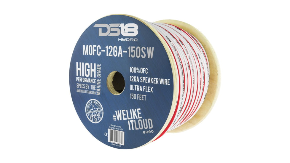 DS18 HYDRO Marine Grade OFC Speaker Wire 12 GA - 150ft Roll, White/Red, MOFC12GA150SW