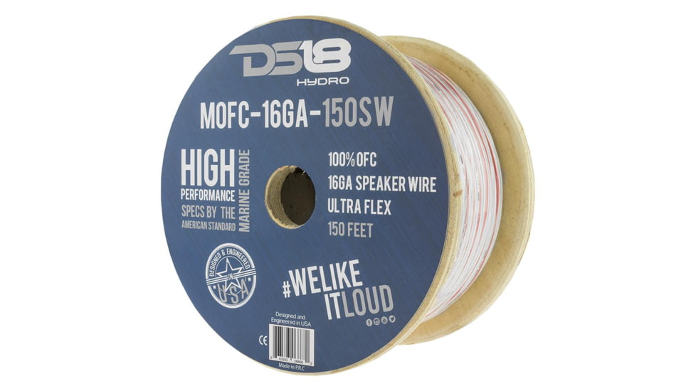 DS18 HYDRO Marine Grade OFC Speaker Wire 16 GA - 150ft Roll, White/Red, MOFC16GA150SW