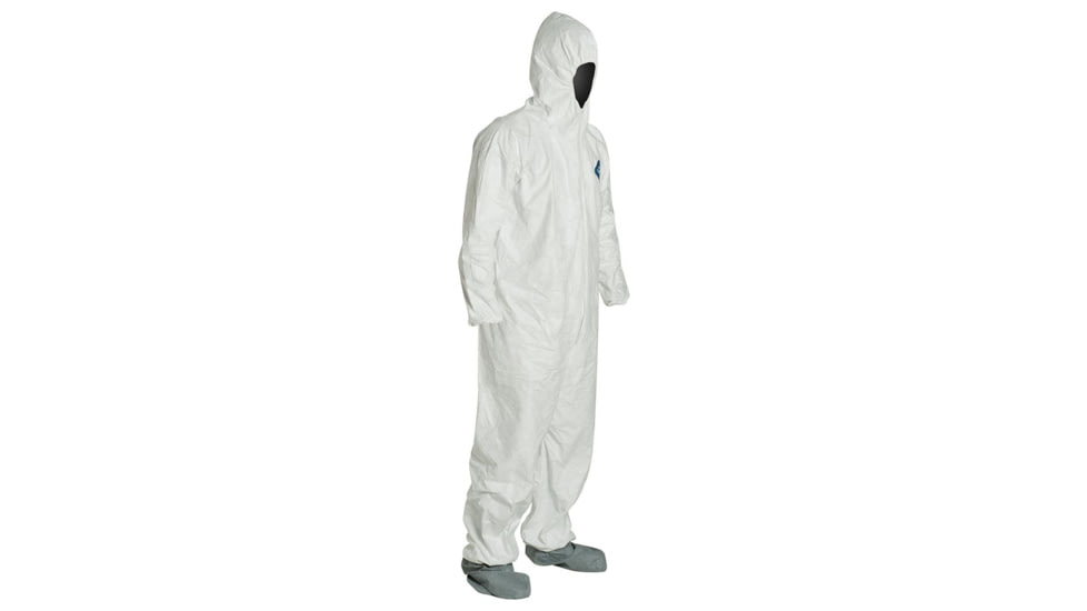 DuPont Tyvek 400 Coverall w/Respirator Fit Hood and Attached Skid-Resistant Boots, Elastic Wrists, Waist, White, M, Case of 25, TY122SWHMD00