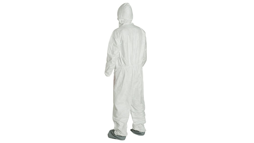 DuPont Tyvek 400 Coverall w/Respirator Fit Hood and Attached Skid-Resistant Boots, Elastic Wrists, Waist, White, M, Case of 25, TY122SWHMD00