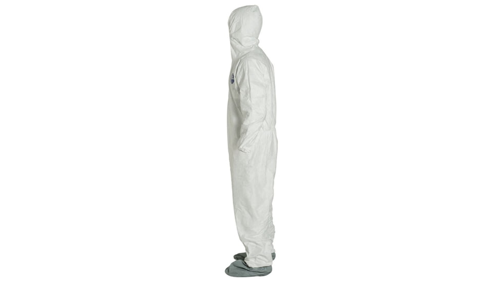 DuPont Tyvek 400 Coverall w/Respirator Fit Hood and Attached Skid-Resistant Boots, Elastic Wrists, Waist, White, M, Case of 25, TY122SWHMD00