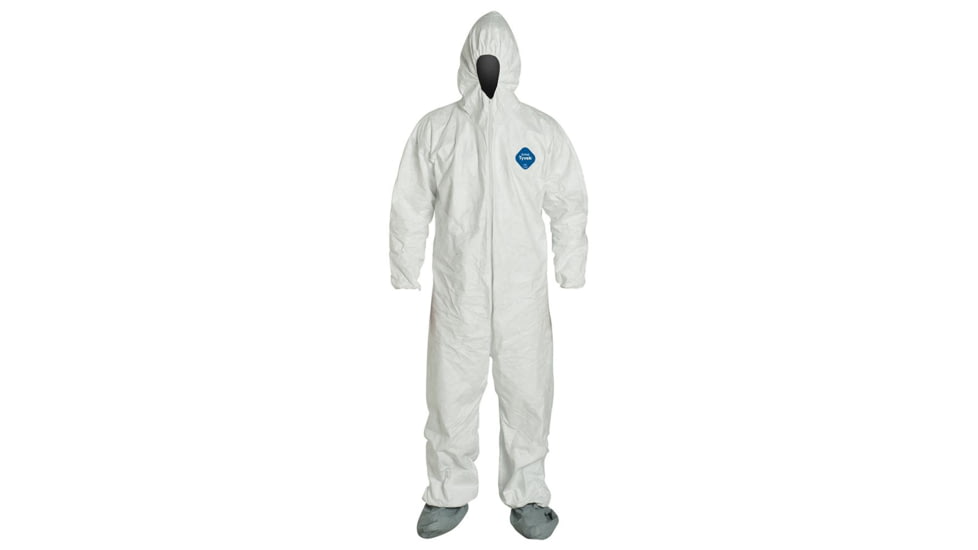 DuPont Tyvek 400 Coverall w/Respirator Fit Hood and Attached Skid-Resistant Boots, Elastic Wrists, Waist, White, M, Case of 25, TY122SWHMD00