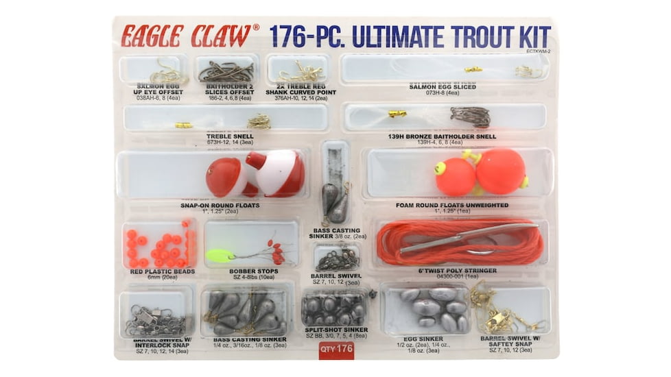 Eagle Claw Ultimate Trout Kit, Hooks, Beads, Stops Swivels, Split Shot, Sinkers, Floats, Stringer, Snells, 176 Pieces, ECTKWM-2