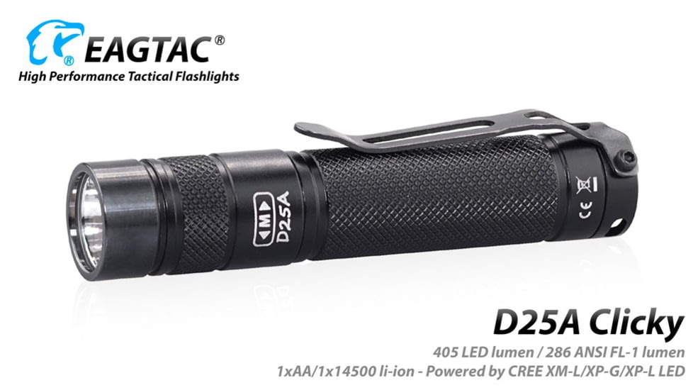 EAGTAC D25A RC MKII Flashlight, XP-L HI V2 NW LED, 330lm, Black, D25A-CLICKY-MKII-XPLHI-NW