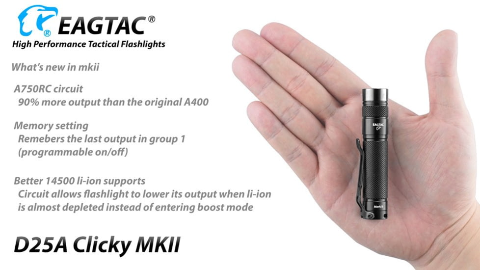EAGTAC D25A RC MKII Flashlight, XP-L HI V2 NW LED, 330lm, Black, D25A-CLICKY-MKII-XPLHI-NW