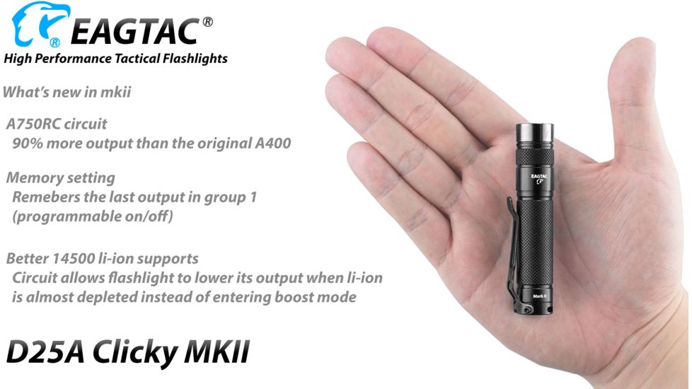 EAGTAC D25A RC MKII Flashlight, XML2 CW U4 LED, 405lm, Black, Small 4072