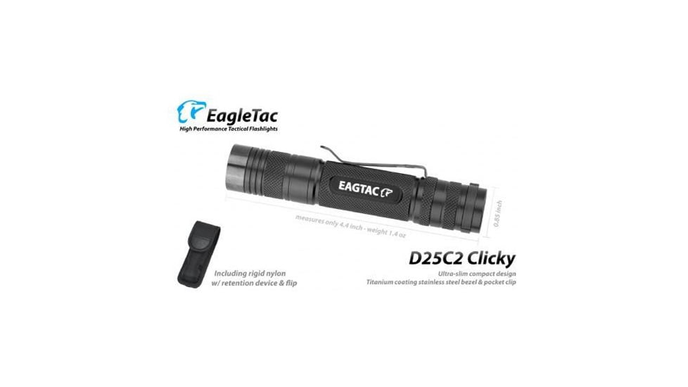 EAGTAC D25C2 RC Clicky Flashlight, XP-G2 R5 NW LED, 481lm,2xCR123A, Black, D25C2-CLICKY-XPG2-NW