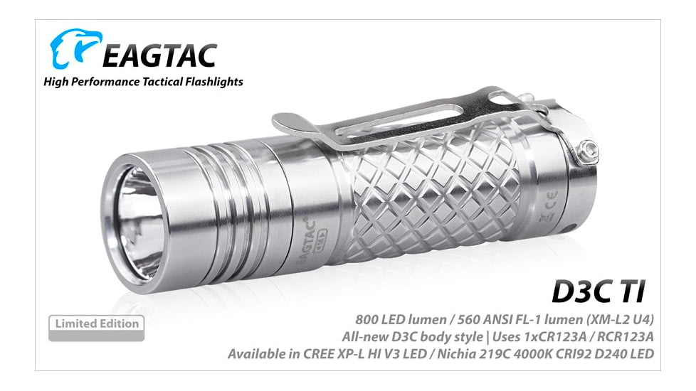 EAGTAC D3C RC Ti Flashlight, Luminus SST20 CRI-95 4000K NW LED, 510lm, Silver, D3C-CLICKY-TI-SST20-NW