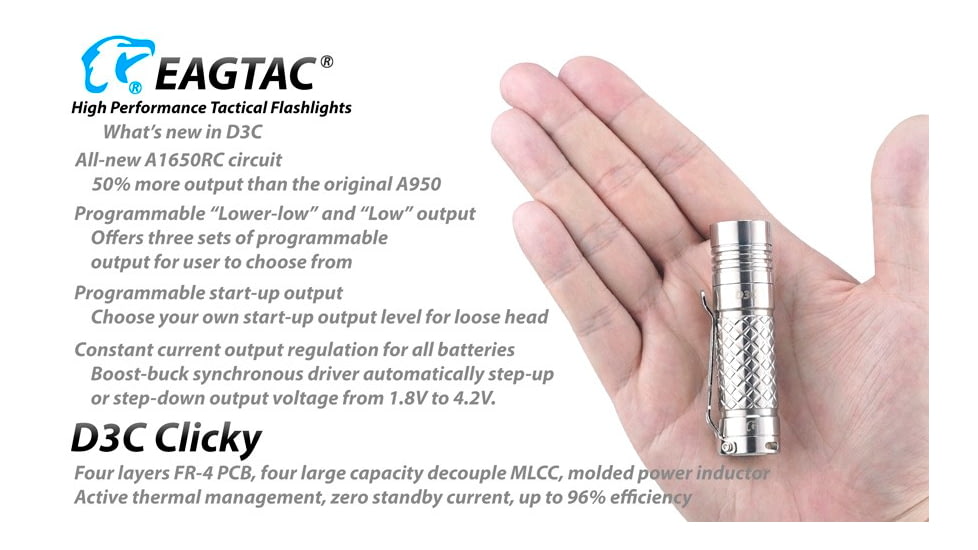 EAGTAC D3C RC Ti Flashlight, Luminus SST20 CRI-95 4000K NW LED, 510lm, Silver, D3C-CLICKY-TI-SST20-NW