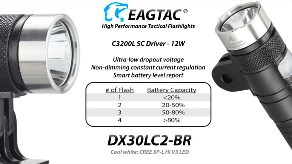 EAGTAC DX30LC2-BR Rechargeable Flashlight, XP-L HI V2 NW LED, 1084lm, Black, DX30LC2BR-XPLHINW-BASE