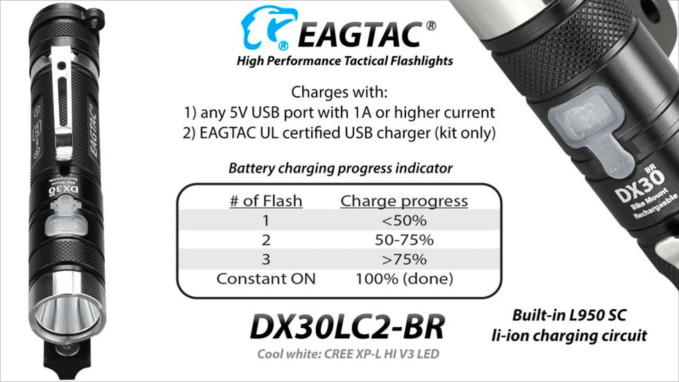 EAGTAC DX30LC2-BR Rechargeable Flashlight, XP-L HI V2 NW LED, 1084lm, Black, DX30LC2BR-XPLHINW-BASE