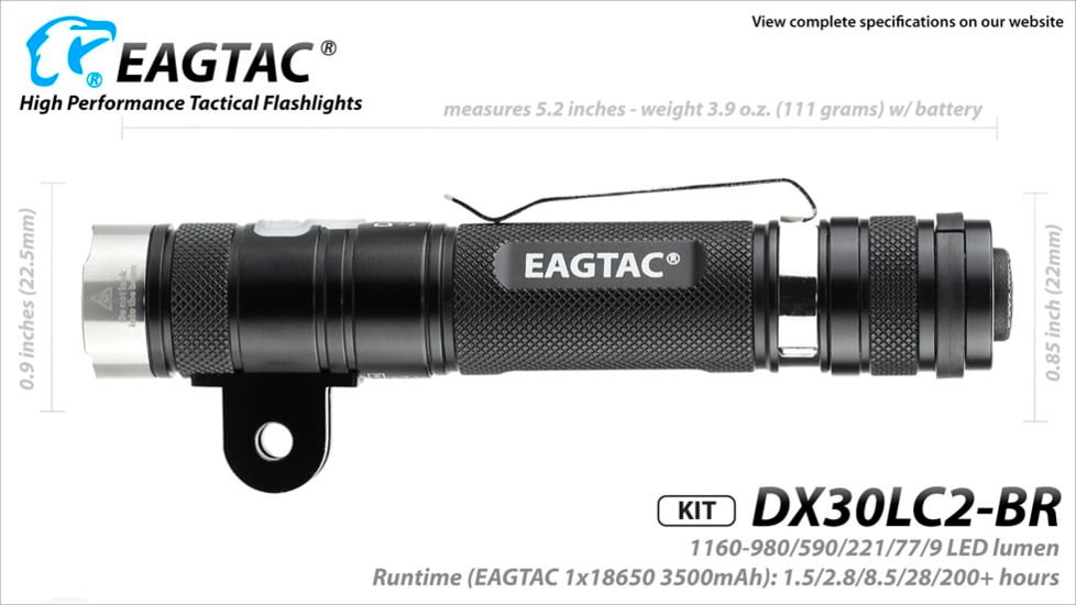 EAGTAC DX30LC2-BR Rechargeable Flashlight, XP-L HI V2 NW LED, 1084lm, Black, DX30LC2BR-XPLHINW-BASE