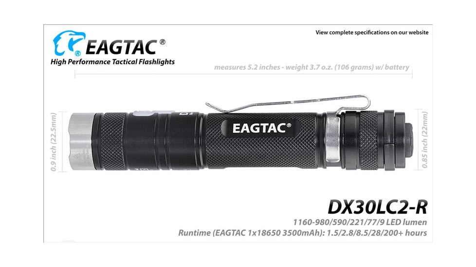 EAGTAC DX30LC2-R Rechargeable Flashlight, XP-L HI V2 NW LED, 1084lm, Black, DX30LC2R-XPLHI-BASE-NW