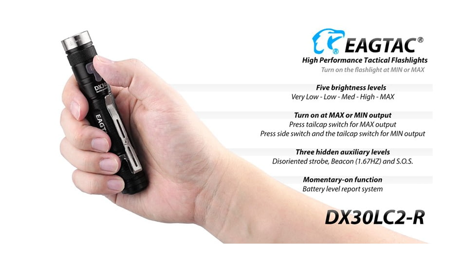 EAGTAC DX30LC2-R Rechargeable Flashlight, XP-L HI V2 NW LED, 1084lm, Black, DX30LC2R-XPLHI-BASE-NW