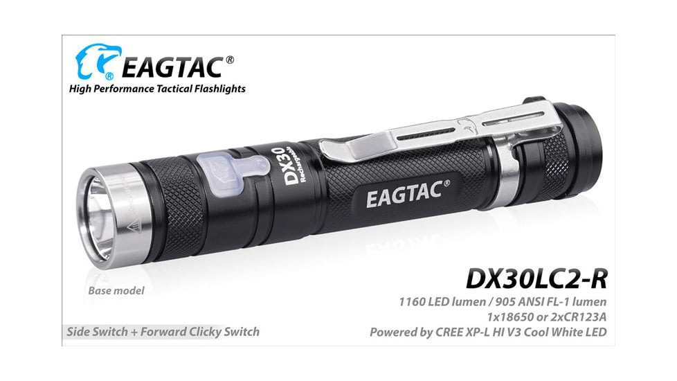 EAGTAC DX30LC2-R Rechargeable Flashlight, XP-L HI V2 NW LED, 1084lm, Black, DX30LC2R-XPLHI-BASE-NW