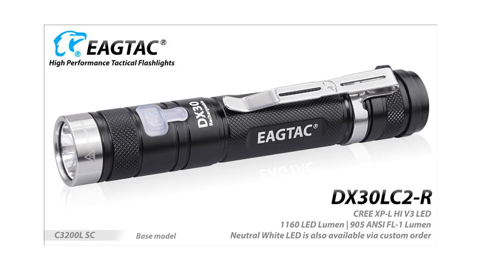 EAGTAC DX30LC2-R Rechargeable Flashlight, XP-L HI V2 NW LED, 1084lm, Black, DX30LC2R-XPLHI-BASE-NW