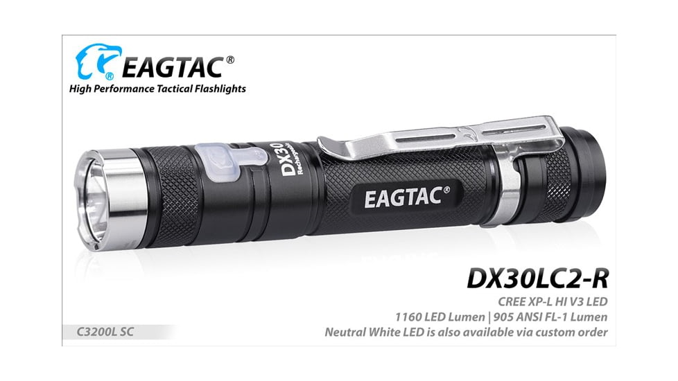 EAGTAC DX30LC2-R Rechargeable Flashlight, XP-L HI V2 NW LED, 1084lm, Black, DX30LC2R-XPLHI-BASE-NW