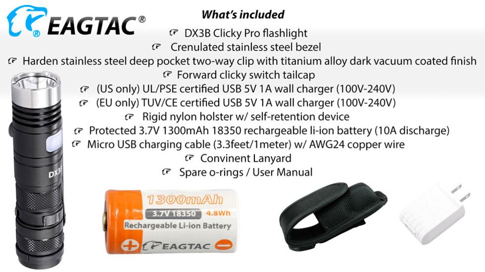 EAGTAC DX3B Clicky PRO Rechargeable XHP50.2 LED 2500 Lumen LED Flashlight, Black, Small 4253