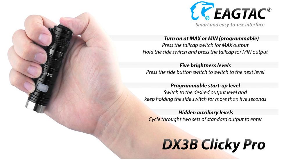 EAGTAC DX3B Clicky PRO Rechargeable XHP50.2 LED 2500 Lumen LED Flashlight, Black, Small 4253