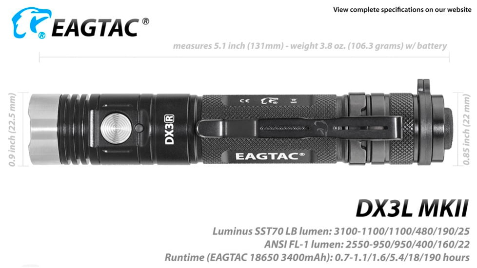 EAGTAC DX3L MKII Flashlight, SST70 CW LED, 3100lm, Black, DX3L MKII-SST70-CW