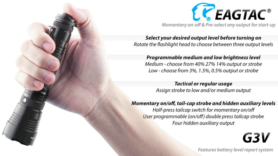 EAGTAC G3V XHP70.2 Flashlight, 21700 5000mAh li-ion, NW LED, 2990 Lumen, Black, G3V-XHP702-NW