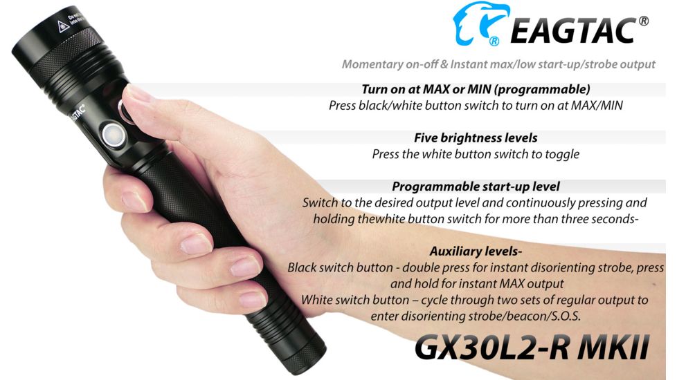 EAGTAC GX30L2-R MKII Flashlight, XHP35 HD CW LED, 2000lm, Black, Medium 4124