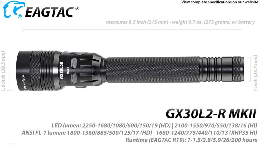 EAGTAC GX30L2-R MKII Flashlight, XHP35 HD CW LED, 2000lm, Black, Medium 4124