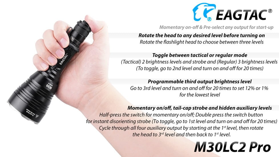 EAGTAC M30LC2 Pro Flashlight, XHP35 HI CW LED, 1870lm, Black, M30LC2-XHP35-HI-PRO-CW