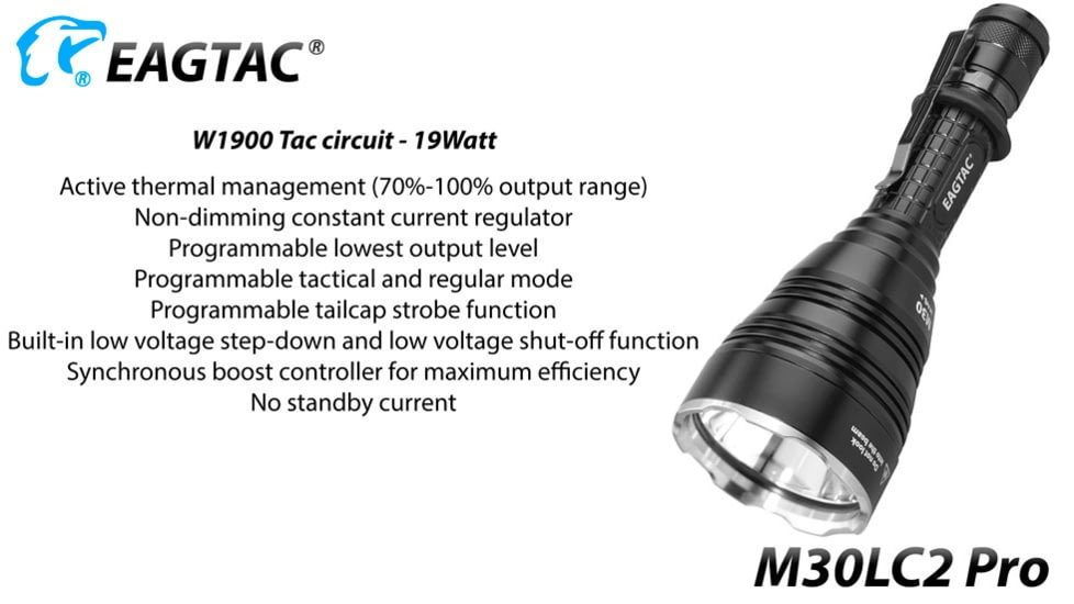 EAGTAC M30LC2 Pro Flashlight, XHP35 HI CW LED, 1870lm, Black, M30LC2-XHP35-HI-PRO-CW