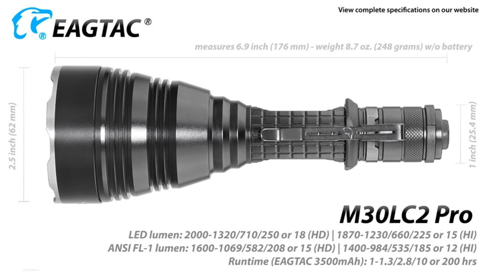 EAGTAC M30LC2 Pro Flashlight, XHP35 HI CW LED, 1870lm, Black, M30LC2-XHP35-HI-PRO-CW