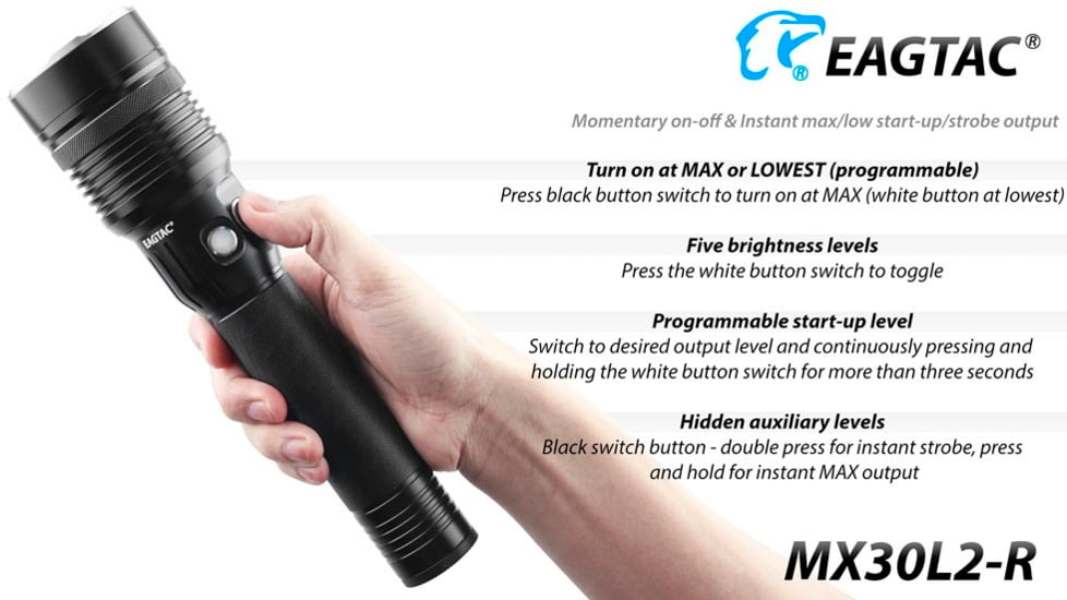 EAGTAC MX30L2R XHP70.2 Flashlight, 32650 13000mAh li-ion, NW LED, 4205 Lumen, Black, MX30L2R-XHP702-NW