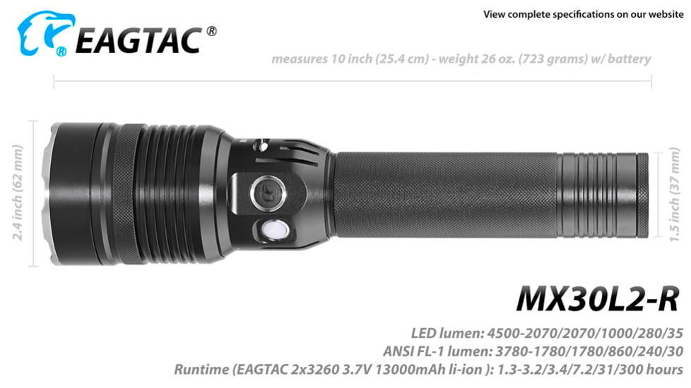 EAGTAC MX30L2R XHP70.2 Flashlight, 32650 13000mAh li-ion, NW LED, 4205 Lumen, Black, MX30L2R-XHP702-NW