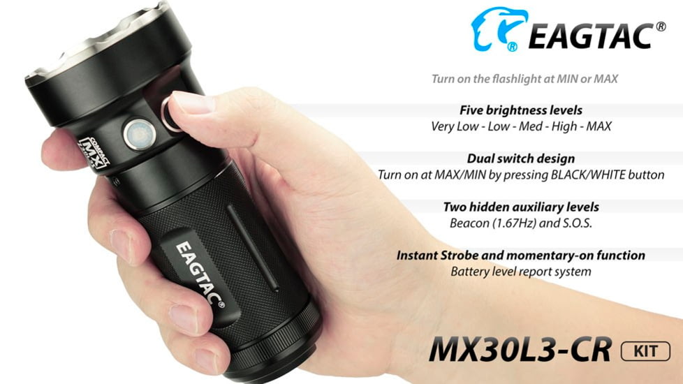 EAGTAC MX30L3-CR Flashlight Kit, 6 Nichia 219B 5700K CRI92 R9050 SW57 D220 LED, 3600lm, Black, MX30L3CR-6*SST20-KIT-NW