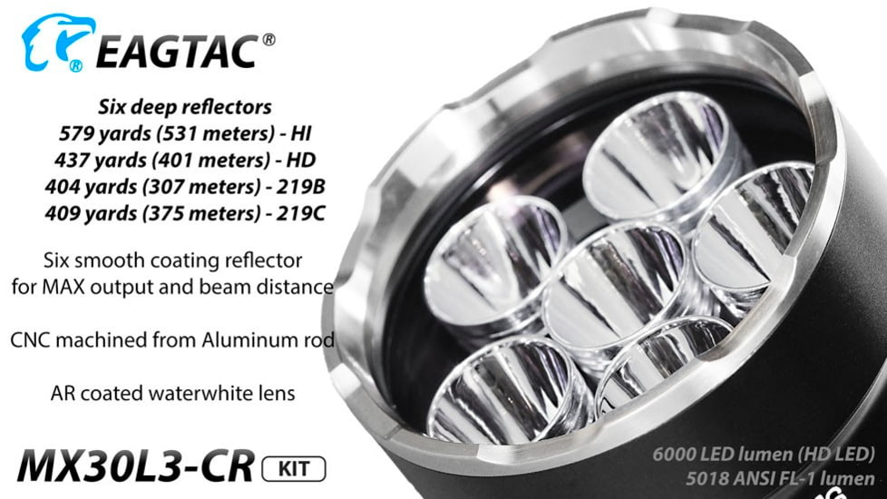 EAGTAC MX30L3-CR Flashlight Kit, 6 Nichia 219B 5700K CRI92 R9050 SW57 D220 LED, 3600lm, Black, MX30L3CR-6*SST20-KIT-NW