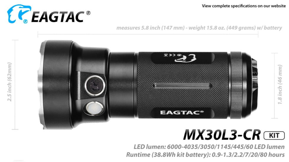 EAGTAC MX30L3-CR Flashlight Kit, 6 Nichia 219B 5700K CRI92 R9050 SW57 D220 LED, 3600lm, Black, MX30L3CR-6*SST20-KIT-NW