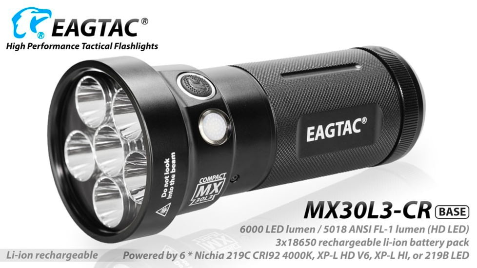 EAGTAC MX30L3-CR Flashlight Kit, 6 Nichia 219B 5700K CRI92 R9050 SW57 D220 LED, 3600lm, Black, MX30L3CR-6*SST20-KIT-NW